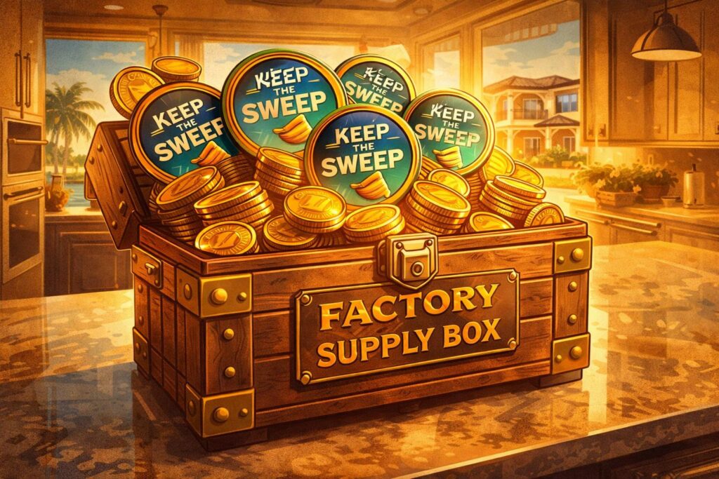 Vintage supply box with coins and tokens